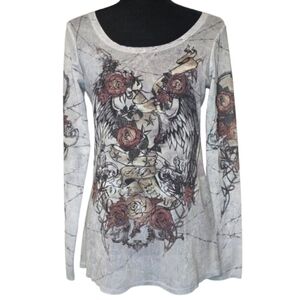 Rock & Republic Women's Sheer Rose Wings Tattoo Grunge Graphic Top Size Small